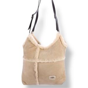UGG Large Tan Leather Cream Shearling Hobo Purse Shoulder Bag w Brown Wallet